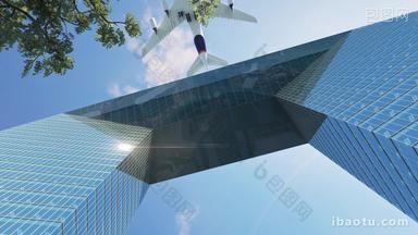 商业建筑玻璃幕墙仰拍飞机飞过